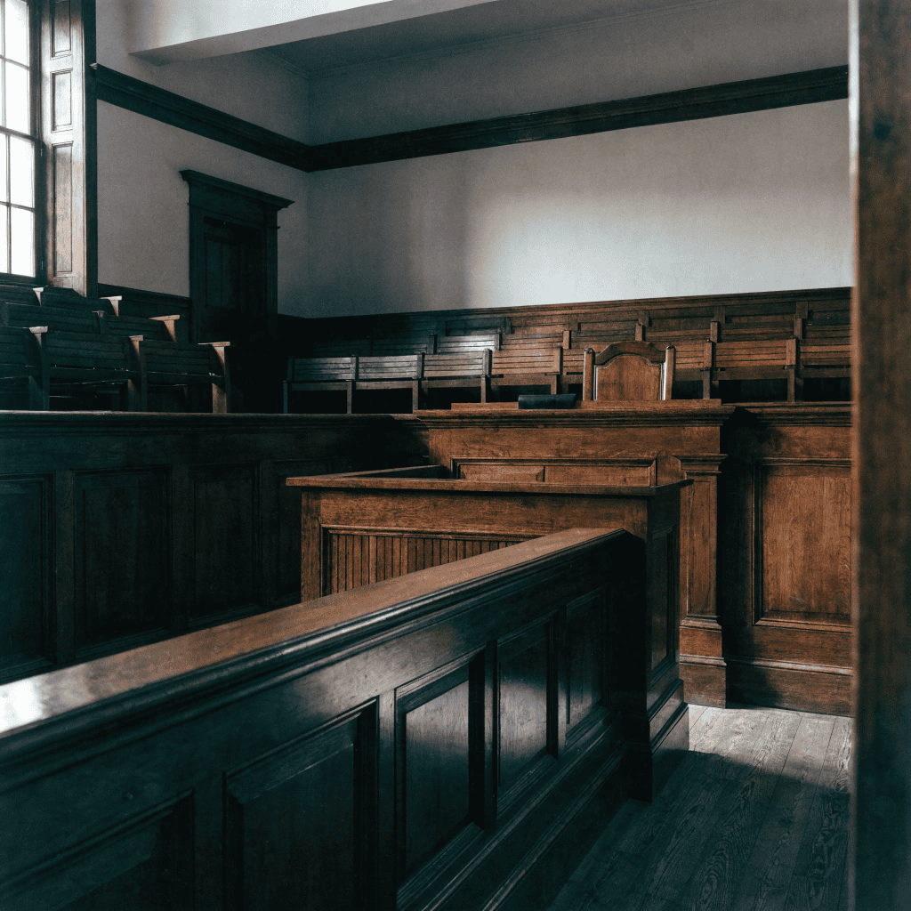 Empty wood-panelled courtroom
