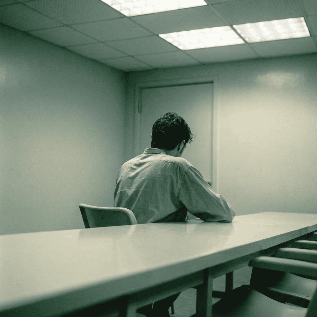 Person sitting alone at a table in an interview room
